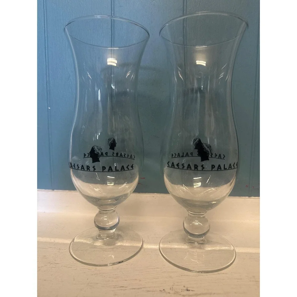 Vintage Caesars Palace Las Vegas Hurricane Glasses Set of‎ 2 Clear Black Logo